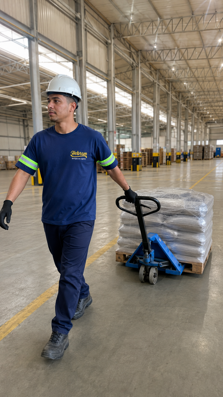 Profissional Hebrom realizando movimentação interna com paleteira
